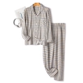 Blue and beige small checkered cotton pajama set for couples with long sleeves and pants - S / Men's Navy Plaid Long Sleeves and Pants
