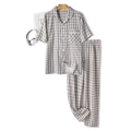 Classic blue plaid cotton pajama set with short-sleeve button-down shirt and long pants - S / Men's Navy Plaid Short Sleeves and Pants