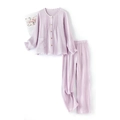 Pyjama 2 pièces pour femmes en gaze de coton à carreaux violets avec boutons - Haut À Manches Longues Violet Et Pantalon