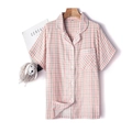 Haut de pyjama à manches courtes en coton à carreaux rose et beige avec revers classique - S / Haut Et Bas / Manches Courtes & Pantalon / Rose Écossais