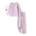 Pyjama femme en gaze de coton lavande avec broderie florale et pantalon à carreaux - Haut À Manches Longues Brodé Violet Et Pantalon