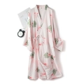 Pink cotton flamingo print kimono robe with matching tie belt and palm leaf pattern - S / Flamingo Pink Nightgown