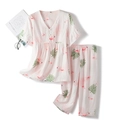 Women's pink cotton pajama set with flamingo print, ruffled sleeves and cropped pants - S / Pink
