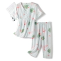 Women's cotton pajama set with flamingo and palm leaf print featuring ruffle sleeves - S / Blue