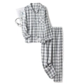 Men's minimalist grey and white checkered cotton pajama set with long sleeves and pants - Navy Blue Large Plaid