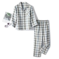 Kids plaid cotton pajama set with long-sleeve button-up top and matching trousers - 120 / Boys Blue Gray Plaid Long Sleeve Pajamas