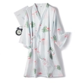 Flamingo print cotton gauze kimono robe with tropical palm leaf pattern and waist tie - S / Flamingo Blue Nightgown