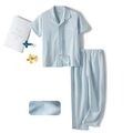 Kids cotton pajama set in light blue with fine checkered texture and white piping details - 110 / Light Blue Plaid Short Sleeve