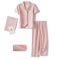 Pink cotton double-layer gauze pajama set with short sleeve top and long pants - 110 / Pink Plaid Short Sleeve