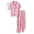 Rosa Baumwoll-Pyjama-Set mit kurzärmeligem Oberteil und langer Erdbeer-Print-Hose - S / Oberteil Und Hose / Rosa
