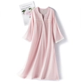 Pink pure cotton double gauze nightgown with V-neck lace trim and button detail - S / Hemp Pink