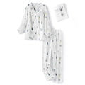 Baumwoll-Pyjama-Set mit Blumenmuster, langen Ärmeln und Rüschen-V-Ausschnitt - S / Langarm-Top und Hose