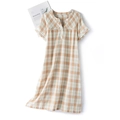 Women's plaid cotton double gauze nightgown with short sleeves and button V-neck detail - S / Ginger Yellow Plaid