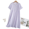 Women's purple plaid cotton nightgown with ruffled lace collar and short sleeves - M / Purple Plaid