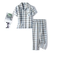 Kids cotton double gauze pajama set featuring blue and grey plaid short sleeve top and pants - Boys Blue Gray Plaid Short Sleeve Capri Pajamas / 160