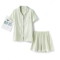 Women's light green gingham cotton short sleeve pajama set with button-down shirt and shorts - Light Green Plaid Short Sleeve Shorts