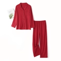 Red mercerized cotton pajama set for couples with heart embroidery and button-up design - Red (Men)