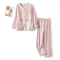 Pink and white checkered cotton pajama set with floral embroidery and lace trim - M / Top And Bottom / Purple Plaid