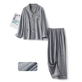 Grey long-sleeved flannel pajama set with contrast piping and chest embroidery - S (Men) / Navy Blue