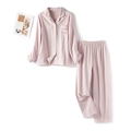 Pink and white checkered cotton pajama set for women with cute bear embroidery - S / Classic Style - Women - Pinkish Purple Plaid