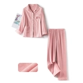 Pink cotton plaid pajama set with long sleeves and detailed floral embroidery on pocket - S (Women) / Plum Pink