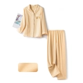 Pale yellow cotton pajama set featuring embroidered chest pocket and textured fabric detail - S (Women) / Apricot Yellow