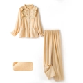 Women's apricot cotton pajama set with floral embroidery and ruffle trim details - S / Pajama Set / Apricot Yellow