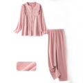 Pink cotton pajama set featuring floral embroidery and elegant ruffle lace trim - S / Pajama Set / Plum Pink