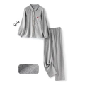 Pigiama grigio a due pezzi in flanella di cotone con ricamo a cuore e trama pied de poule - XL / Grigio
