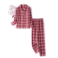 Pyjama à carreaux rouges et blancs en flanelle de coton avec haut boutonné et pantalon - Style À Carreaux Rouge Femme (LCC182)