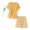 Women's yellow gingham cotton short-sleeved pajama set with button-down top and shorts - S / Women's Short Sleeve Top And Shorts / Ginger Yellow