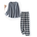 Gray cotton double-layer gauze pajama set with long sleeves and checkered pants - S / Men's Long Sleeve Top And Long Pants / Navy Blue