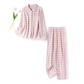 Set pigiama in cotone a quadretti rosa e bianchi con camicia a maniche lunghe e pantaloni - L / Plaid Rosa Donna