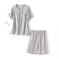 Short-sleeved blue checkered cotton pajama set for men with drawstring shorts - S / Grey Plaid