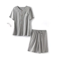 Men's grey double-layer cotton gauze short sleeve pajama set with button-down top and shorts - S / Grey Dots