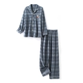 Set pigiama a scacchi blu-grigio in cotone per coppie con ricamo di un simpatico orsetto - S / Blu