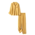 Striped cotton pajama set for couples with long-sleeved button-up top and drawstring pants - S / Women-Yellow Stripe