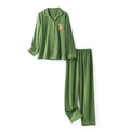 Green striped cotton pajama set with long sleeves and a small squirrel embroidery - S / Women-Green Stripe