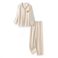 Striped cotton pajamas set featuring a classic collar with embroidered squirrel detail - S / Women-Beige Stripe