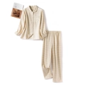 Beige geruite katoenen pyjamaset met doorknoopshirt en bijpassende lange broek - S / Dames Lichtbeige Zonder Borduurwerk