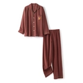 Brick red striped cotton pajama set with squirrel embroidery and classic notched collar - S / Men-Red Brown Stripe