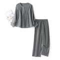 Women's plaid cotton pajama set with long sleeves, buttoned collar and twin front pockets - S / Black Plaid Pullover Style