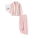 Pink gingham cotton long sleeve pajamas set for kids with colorful fruit buttons - Pink Plaid / 110
