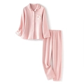 Pink quilted long-sleeve pajama set with cute embroidery and button-down shirt - Women's Pink Stripe