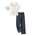 Women's white cotton pajamas set with strawberry embroidery and grey loungewear pants - S / Short Sleeve Top And Long Pants