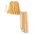 Women's pure cotton pajama set with yellow long-sleeve cardigan and plaid pants - S / Women's Long Sleeve Top And Long Pants / Ginger Yellow