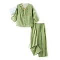 Green plaid cotton pajama set with short-sleeved top and matching pants for women - Green Check