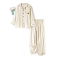 Unisex Baumwolle gestreifter Pyjama-Set mit langen Ärmeln und Bären-Stickerei - M / Herren Naturweiß Gestreift