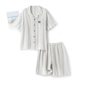 Grey striped short sleeve cotton gauze pajama set with embroidered panda pocket detail - M / Gray Short Sleeve Top And Pants (Men)