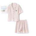 Pink striped cotton crepe pajama set for women featuring cute panda embroidery - S / Pink Short Sleeve Top And Pants (Women)